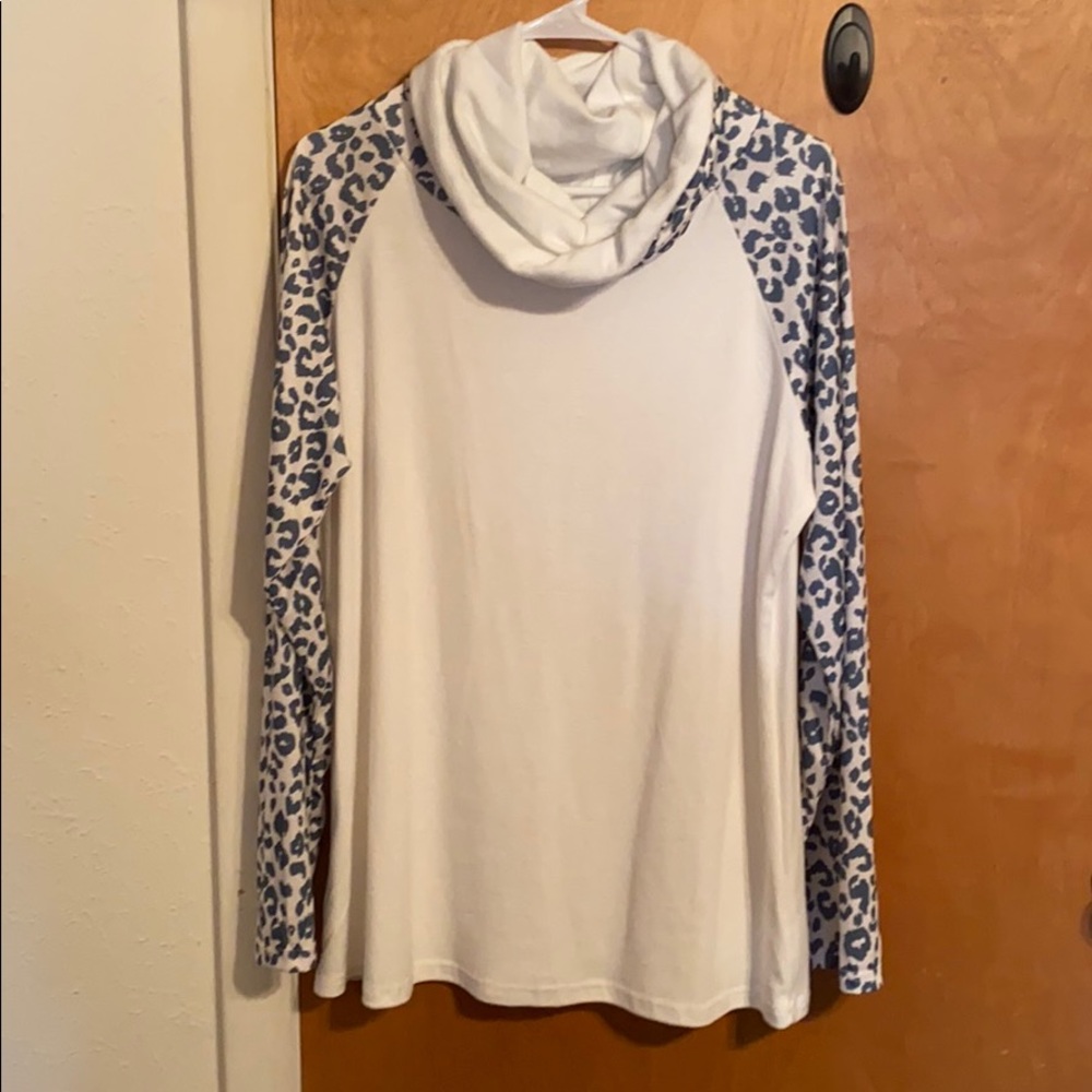 Leopard sleeve cowl neck top